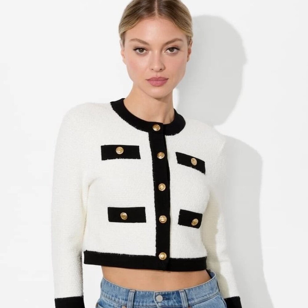 Alice + Olivia Claira White Black Knit Cropped Cardigan Sweater Large NWT